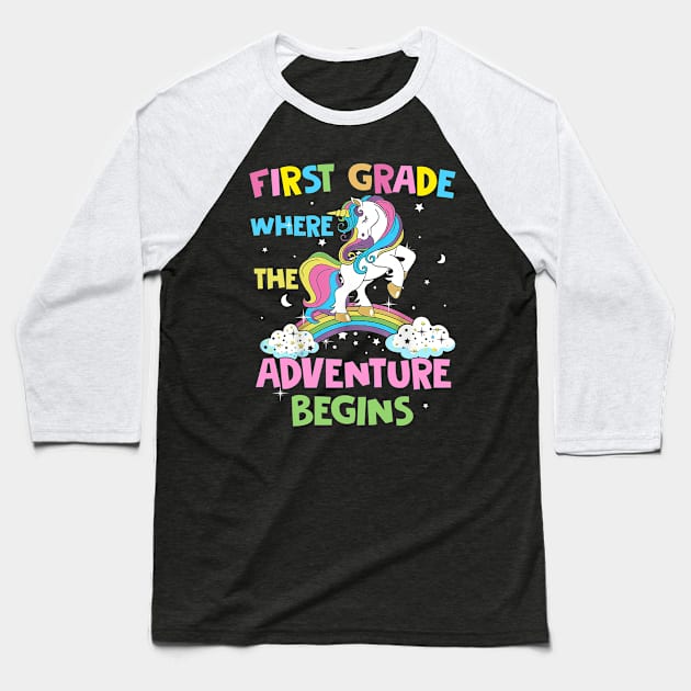 First Grade Where The Adventure Begins Student Teacher Baseball T-Shirt by Ene Alda